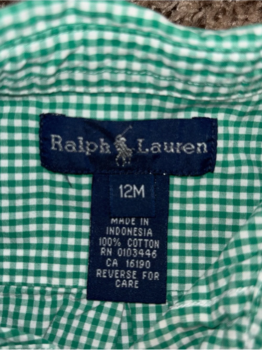 Polo Ralph Lauren Toddler Green/White Checkered Button-Down Shirt Size 12M